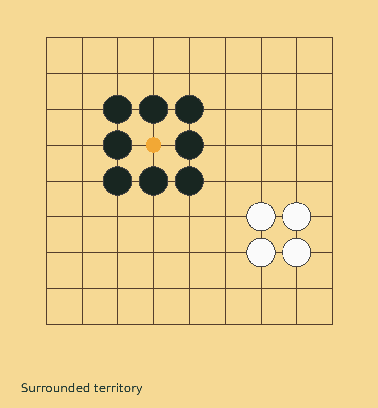 A Go position with territory surrounded by black and white stones