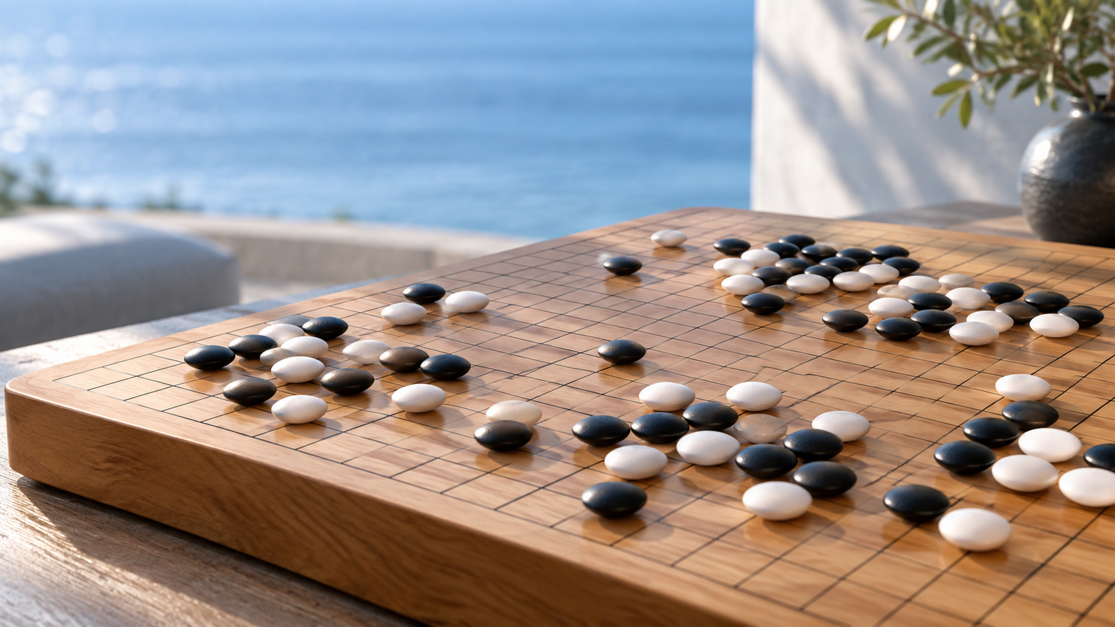 Black and white Go stones arranged on a wooden board